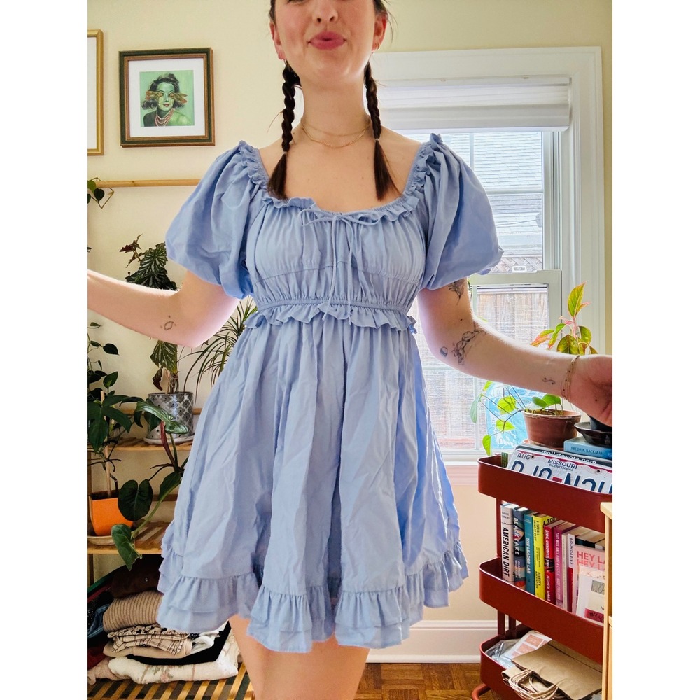 Blue Mini Dress Cottagecore Ruffle Trim Puff‎ Sleeve Babydoll Dress En Saison